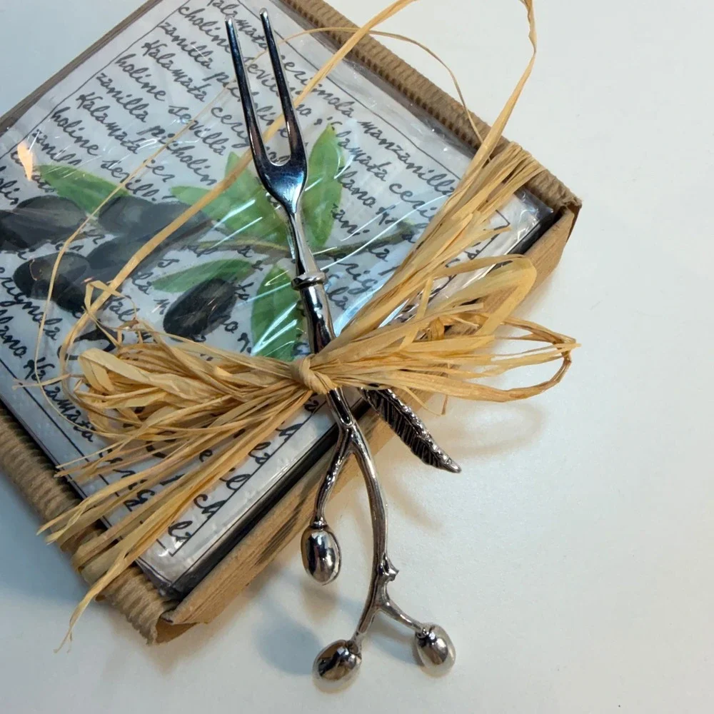 Mud Pie Olive Napkin Set Silver Olive Branch Fork Server Rustic Party Dinner NEW